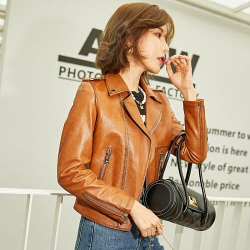 High Quality Genuine Leather Jacket Women Autumn Slim Short Sheepskin Coat Streetwear Motorcycle Womens Clothing 2021 WPY3833