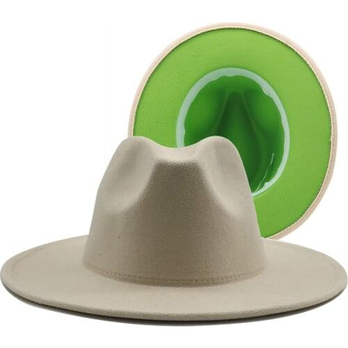 New Outer cream Inner green Wool Felt Jazz Fedora Hats with Thin Belt Buckle Men Wide Brim Panama Trilby Cap 56-58CM