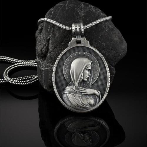 Religious Jewelry on the neck Christian Mary Sacred Heart Pendant Necklaces for man Retro Catholic Mens chain necklace tag