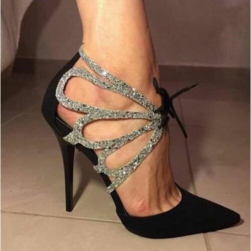 Sexy lady bling bling black pointed toe high heel sandal hollow flower high heel lace up woman sandal
