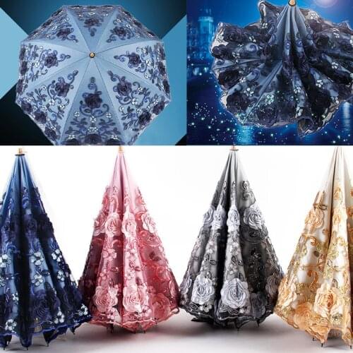 Sun Umbrella Women Uv Protection Lace 3d Flower Embroidery Princess Rain Umbrella Portable Exquisite Parasol