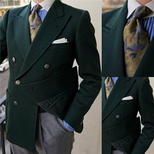 Dark Green Woolen Mens Coat Jacket Winter Groom Double Breasted Wedding Tailored Party Prom Business Blazer Only One Piece