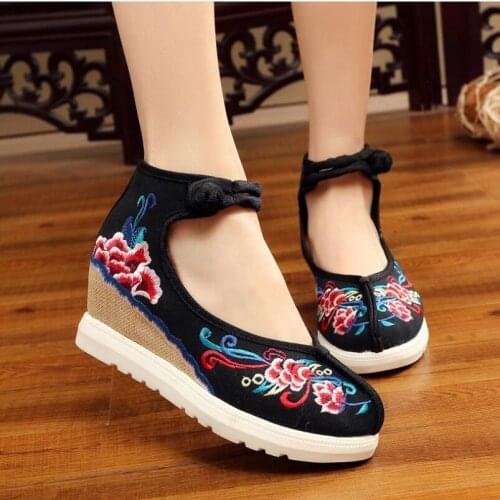 2019 New Women Spring Autumn Increasing Height Ankle Strap Canvas Shoes China Style Vintage Embroiders Wedges Heels Lady Shoes