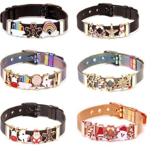 Silver Color Stainless Steel Mesh Bracelets For Women Crystal Santa Claus Beads Charm Watch Belt BraceletsBangles Christmas Gift