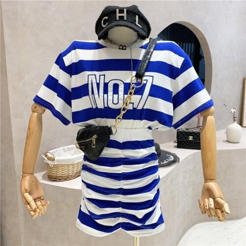 New Style Women Summer Loose Letters Embroidery Stripped Tees Tops And Elastic Slim Waist Casual Package Hip Skirt Suits SY024