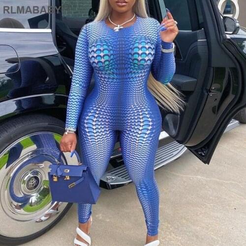 Sexy Fashion Print Women Skinny Jumpsuit Slim O Neck Long Sleeve High Street Bodycon Overalls Casual Streetwear Fitness Jumpsuit