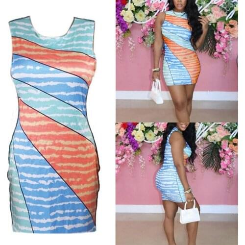 Womens Tie-Dye Printing Popular Elements Hit Color Color Matching Fashion Sleeveless One-Piece Dress Pink Blue