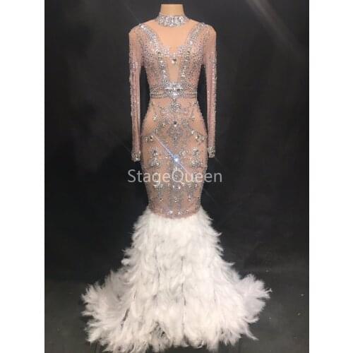 Women Sexy Stage Sparkly Crystals See Through Mesh Feather Dress Birthday Celebrate Stones Dress Fringes Costume Dance Dress