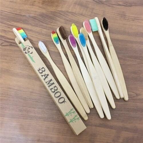 10Packs Toothbrush Eco-Friendly Rainbow Bamboo Soft Fibre Toothbrush Biodegradable Teeth Brush Solid Bamboo Handle Toothbrush