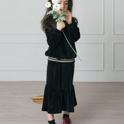 4-16 Yrs Kids &amp Teenager Big Girls Black Velour Long Sleeve Blouse Rffule Fishtail Flare Skirt 2 Pcs Set Children Velvet Clot