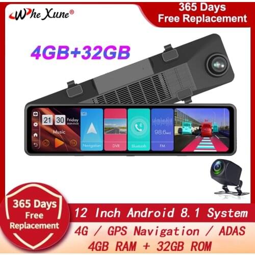 WHEXUNE New 12" Car DVR 4GB+32GB Rearview Mirror 4G Android 8.1 Dash Cam GPS ADAS FHD 1080P Car Video Camera Recorder WIFI DVRS