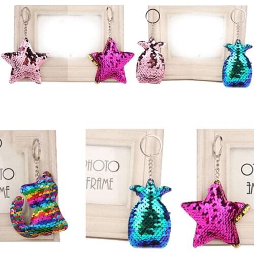 Sequins Key Chain Fashion 9 Models Cute Reflective Car Key Chain Mermaid Cat Ananas Star 1PC Women Men Bag Accessories