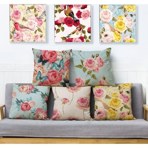 Nordic Simple style Pink Rose Flower Bird Linen Plant Pillow Case 45x45cm Cartoon Floral Printed Cushion Cover Decor Pillowcases