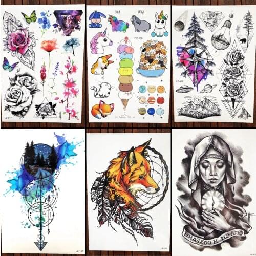 FANRUI Watercolor Arrow Temporary Tattoo Black Nun Clock Women Body Art Painting Tattoo Stickers Men Fashion Geometry Fake Tatoo