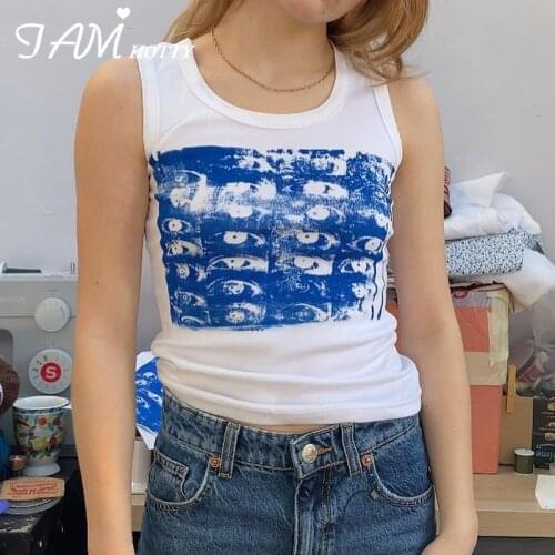 Eyes Print Harajuku Y2K Cotton Tank Top Tee Women 90s Aesthetic Basic Casual Sleeveless T-shirt Vintage Cute Crop Tops Iamhotty