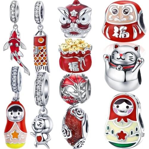 Chinese New Year Red 925 Sterling Silver Beads Pendant Charms fit Pandora Original Charm Bracelet Necklace Jewelry