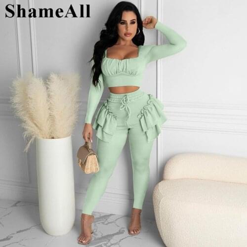 Sexy Ruched Two 2 Pieces Suits Party Club Long Sleeve Crop Tops Fitness Ruffles Legging Tracksuits Knitted Pant Outfits Sets Y2K