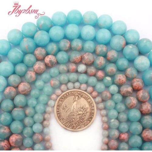 Round Smooth Blue Sea Sediment Imperial Jaspers Stone Loose Beads for DIY Accessorie Necklace Bracelet Jewelry Making 15"