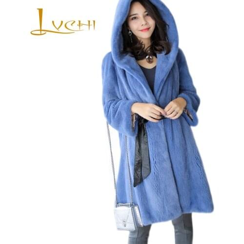 LVCHI Winter 2019 Causal Import Swan Velvet 6 Color Office Lady Real Mink Fur Coat Womens With Fur Hood Long Pockets Mink Coats