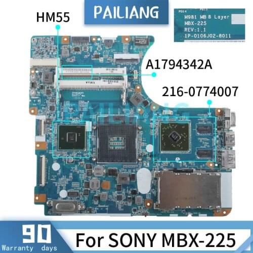 PAILIANG Laptop motherboard For SONY MBX-224 Mainboard A1794342A 1P-0106J02-8011 216-0774007 HM55 DDR3 tesed