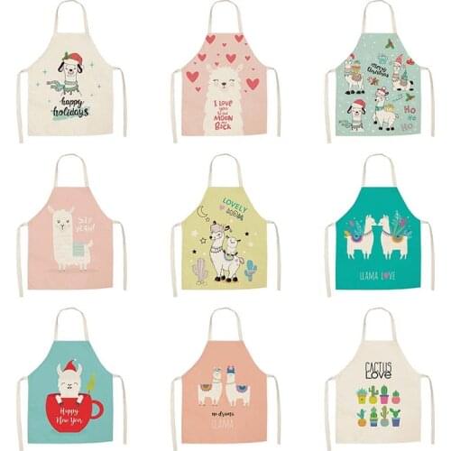 1Pcs Cute Alpaca Cotton Linen Apron Cartoon Print Sleeveless Kitchen Cooking Bib Aprons For Men Women Baking Accessories C2714