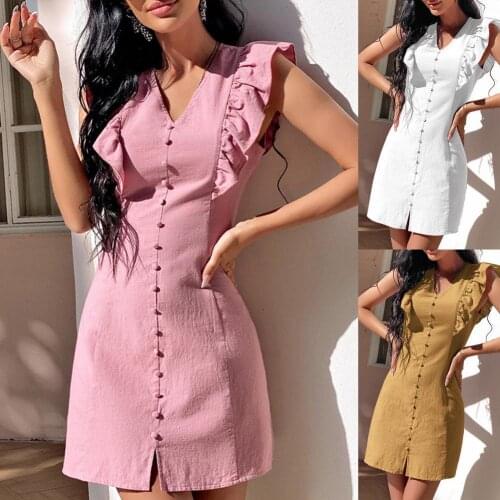 2012 Mini Dress Women Sleeveless A-line Dress Lacework Cuff V Neck Solid Color Leisure Dress Womens Summer Dresses Daily Wear