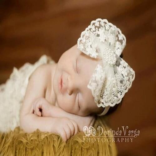 Fashion Soft Lace Big Bow Infant Toddler Headband Bowknot with Pearl HairBands Child Newborn Accessories Baby Photo Headwarp