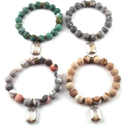 Fashion Jewelry Bracelets 10mm Frosted Natural Stone and Glass Crystal Charm Pendant Bracelets