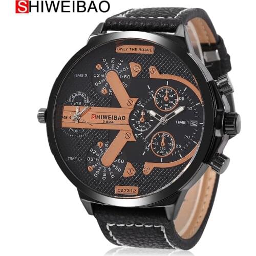 Mens Watches Top Brand Luxury Quartz Watch Men Dual Time Zones Military Relogio Masculino Leather Watchband Male Clock Man D6132