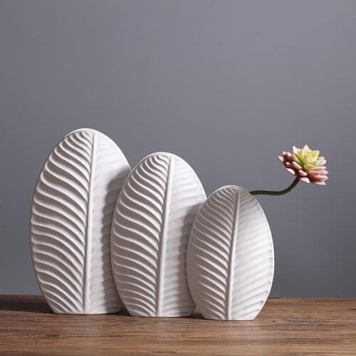 Stylish Porcelain Mimosa Leaf Flower Vase Set Handmade Ceramics Oval Jardiniere Decoration Craftworks Ornament Gift Furnishing
