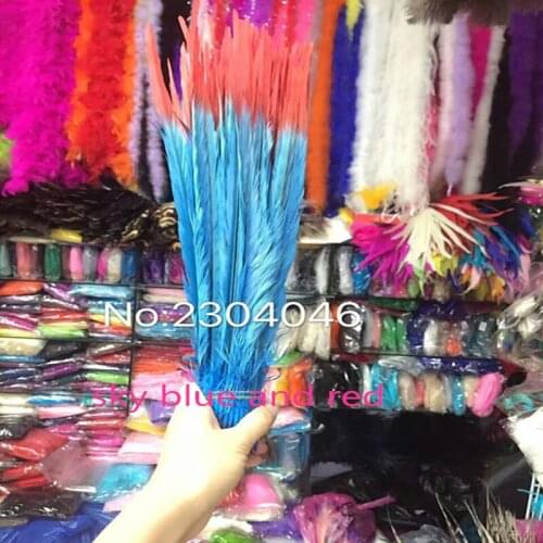 Wholesale 100 pcs beautiful sky blue and red double color Pheasant Feather 18-20 inch / 45-50 cm free shipping