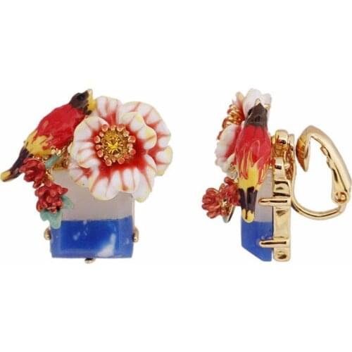 Hand-painted three-dimensional enamel color parrot earrings mosaic stone S925 silver needle earrings without pierced ear clips