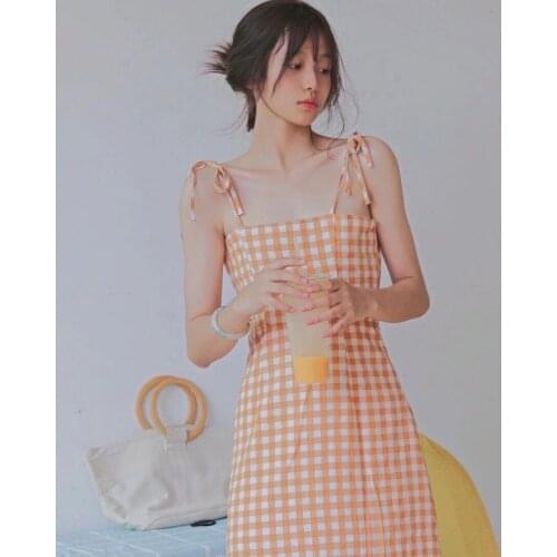 Sweet little fresh ins Japanese gentle Plaid suspender skirt reduced age waist split high waist dress medium length