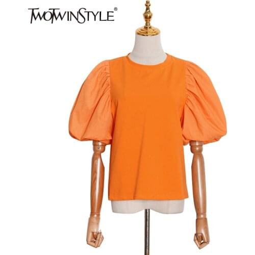 TWOTWINSTYLE Casual Blouses For Women Loose Plain O Neck Half Sleeve Ruched Folds Shirts Female 2021 Summer Fashion Clothing New