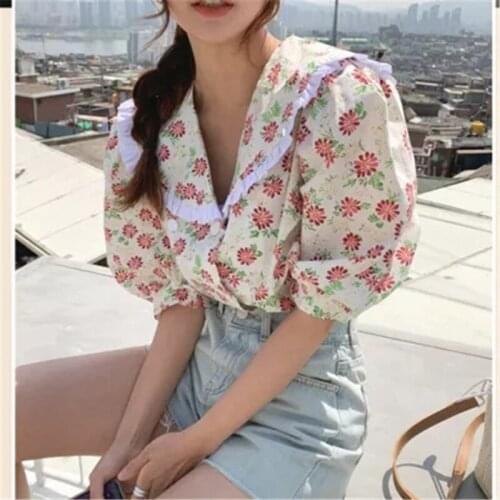 Printed Summer Womens Shirt Retro Double-breasted Lotus Leaf Lapel Floral Puff Sleeve Chic Tops