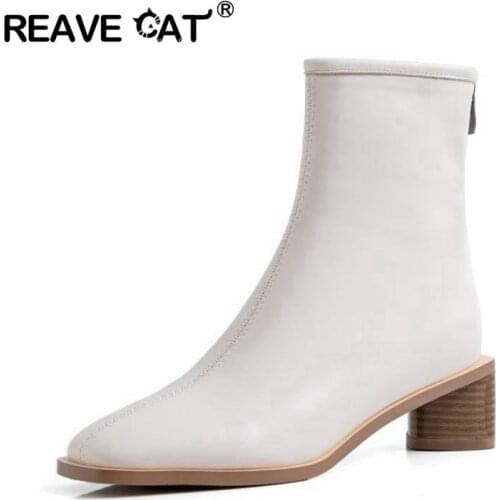 REAVE CAT Women Ankle Boots Faux Leather Zippper Vintage Fahion Chelsea BootIes Square Toe Solid Thick Heel Plus Size 34-43