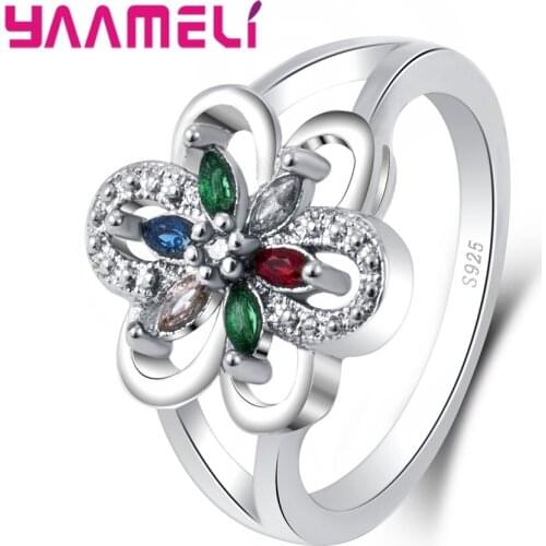 High Quality 925 Sterling Silver Colorful Flowers Shape Design Cubic Zircon Finger Rings Crystal Jewelry For Women Girls