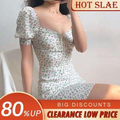 Summer Sexy Women Dress Casual Vintage Bandage Mini White Elegant Dress Square Collar Floral Print Puff Sleeve Beach Lady Dress