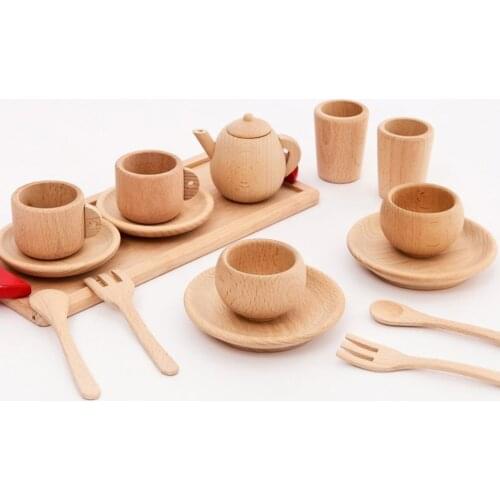 1Set Wooden Tableware Tools Tea Pot Tea Cup Teatime Party Play Toy Dollhouse Miniature Kitchen Tableware Accessories for Kids To