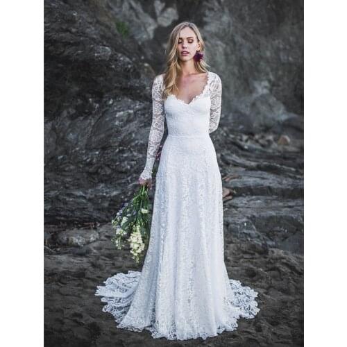 2021 Elegant Boho Floral Lace Long Sleeve Sheath Outdoor Beach Wedding Dress Backless Plus Size Rustic Bridal Gown Custom Made