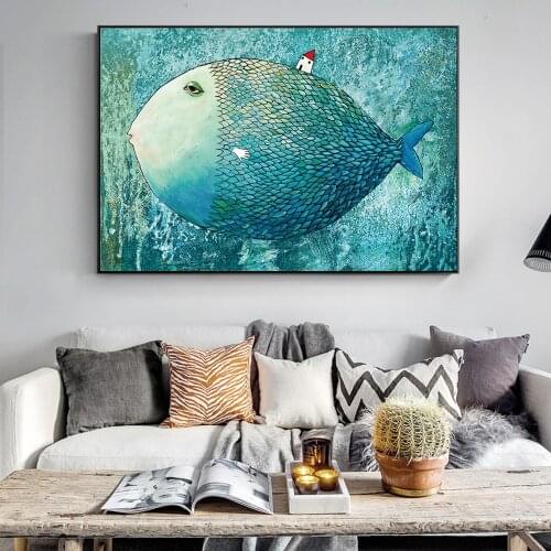 Large Blue Fish Cartoon Wall Art Posters And Prints Modern Art Animals Paintings on the Wall Pictures For Kids Room Decor Cuadro