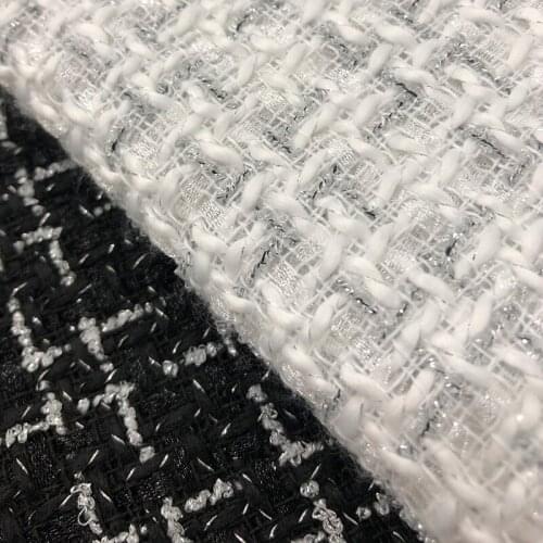 Black and White Color Silver Strip Tweed Fabric 100x145cm Yarn Dyed Braided Tweed Fabric For Women Overcoat Tweed Coat Fabric
