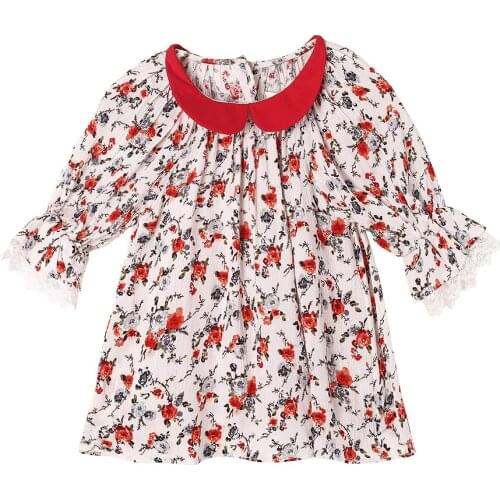 New 2021 Fall Outfit for Kids White and Red Floral Girl T Shirt Lace Princess Elegant Vintage Size 3 5 7 Years Old