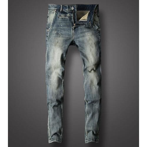 European American Street Fashion Men Jeans Retro Gray Blue Elastic Slim Painted Designer Jeans Men Vintage Casual Denim Pants