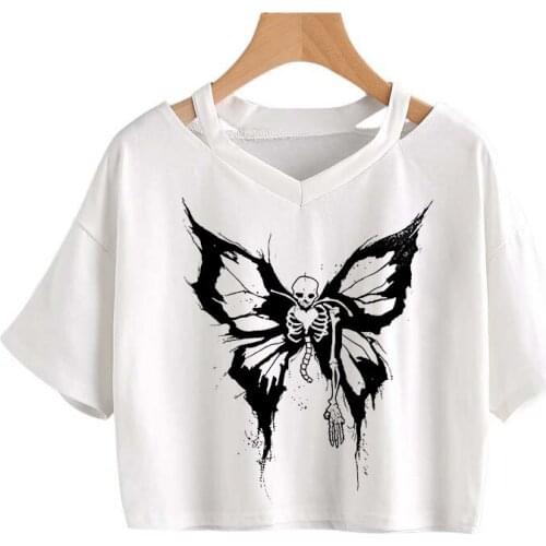 Hip Hop T Shirt butterfly print Vintage Women Shirt Crop Tops Streetwear Harajuku High Street Tee Short sleeve Black Skull Top
