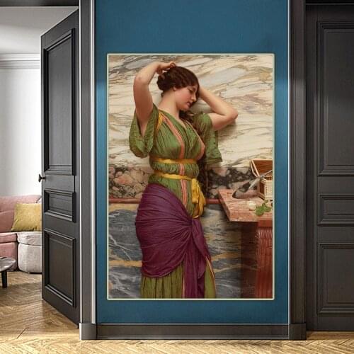 Citon John William Godward《A Fair Reflection》Canvas Oil Painting Artwork Poster Picture Wall Decor Home Living room Decoration