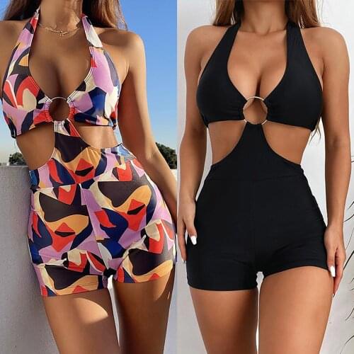 Summer Push Up Ring Swimsuit Women One Piece With Shorts Bandage Adjustable Bikini New Halter Backless Beach Bathing Suit