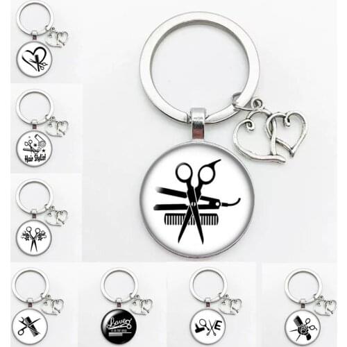 Love In The Hair Hair Stylist Photo Round Glass Cabochon Keychain Car Keychain Ring Holder Charm Gift Keychain
