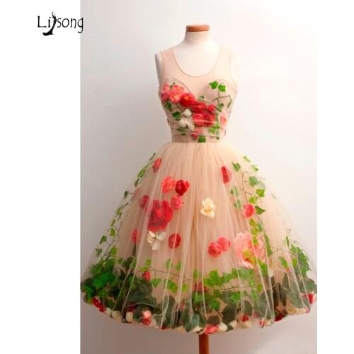 Pretty 3D Rose Flower With Leaf Tulle Formal Party Dresses Champagne Knee Length Cocktail Dress Prom Gowns Vestido De Formatura