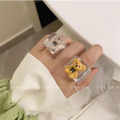 Teddy Bear Ring New Resin Cute Cartoon Transparent Yellow Bear Chunky Rings for Women Girls Summer Fashion Jewelry